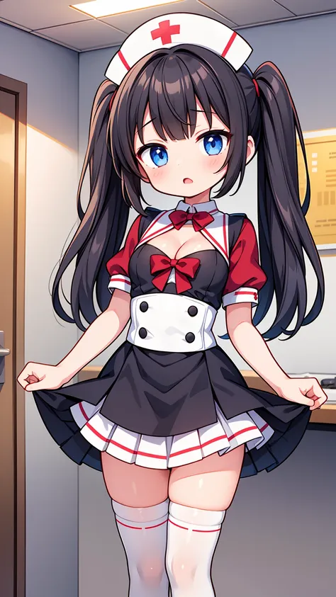 masterpiece, best image quality, ultra high resolution, (loli girl with very small breasts), twin tail hairstyle, black hair, red face, shyly, mock, Open your mouth just a little, (A short-sleeved white nurse uniform that shows the cleavage of a loli girl)...