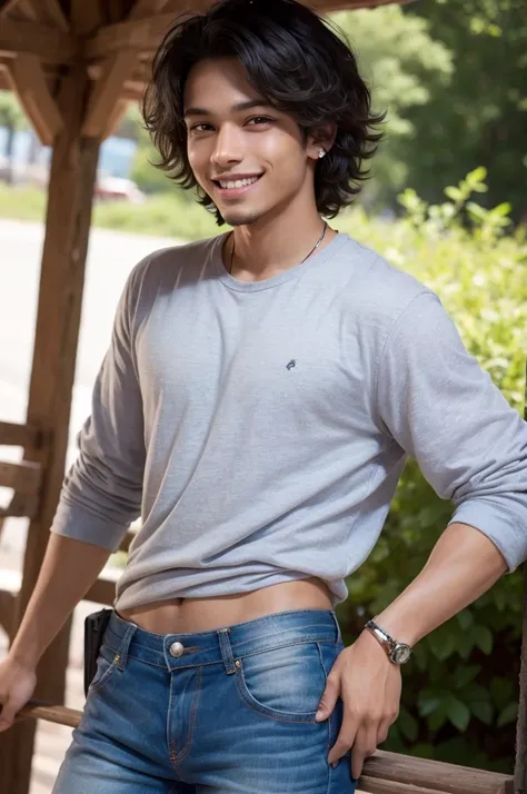 Boy, 23 years old, dark-skinned mulatto, Brazilian, Indian features, short straight black hair, amber eyes, slanted eyes, smiling, defined body in black denim shorts