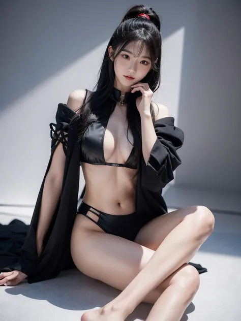  A  Korean girl is posing in a photo studio, she wears a goth cat outfit, wavy black hair blowing in the wind. Shes a mens magazine model, with a subtle smile, flirting with the camera, (in evening light: 1.2), , perfect eyes, perfect hands, perfect body, ...