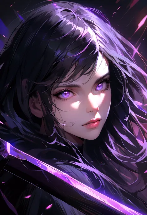 a woman with black hair and white streaks holding a large purple sword, detailed face and eyes, fantasy portrait, highly detailed, digital painting, cinematic lighting, dramatic colors, epic, masterpiece