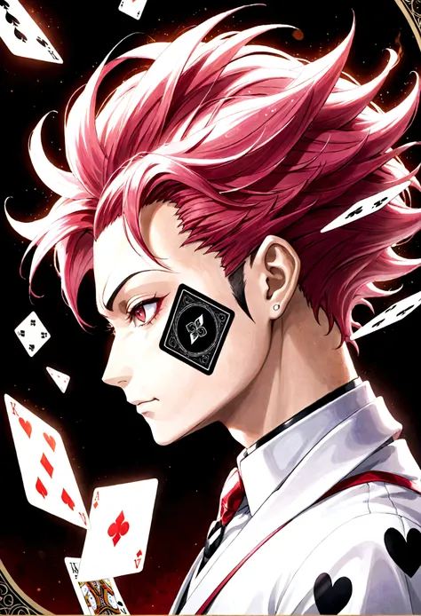 Hisoka/(HunterxHunter/), Face painting, playing cards around Hisoka, (flying playing cards:1.4), swirling playing cards, (from side:1.3), looking at camera, (Hisokas aura becomes artistic background:1.3), masterpiece, best quality, very aesthetic, absurdre...