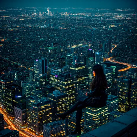 "City rooftop at night、Lined with skyscrapers、The cityscape spreads out with neon lights and street lamps.。You can see the starry sky and the night view.、A young woman sits on the edge of a rooftop、Swinging my legs, I stare at the distant city lights。Noteb...