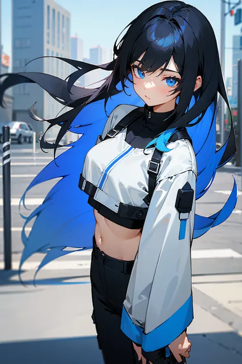 1female, black hair, blue oumbre hair, two toned hair, blue eyes, white croptop, black croptop jacket, black pants, city background, standing on path, hands to side