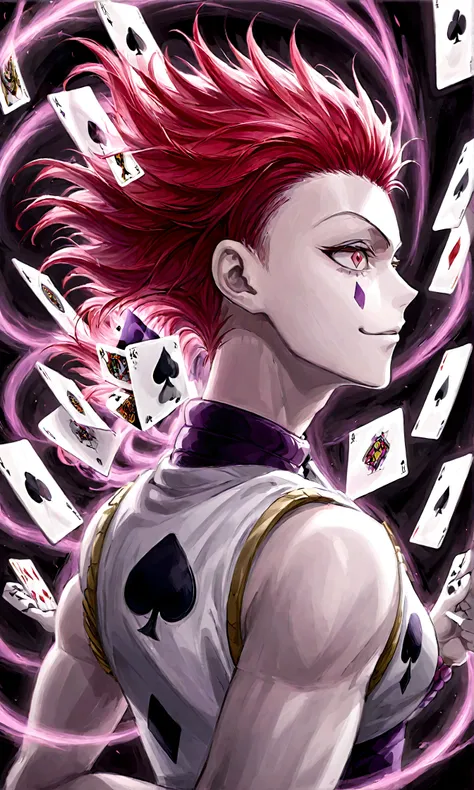 hisoka/(hunterxhunter/), face painting, playing cards around hisoka, (flying playing cards:1.1), swirling playing cards, (from s...