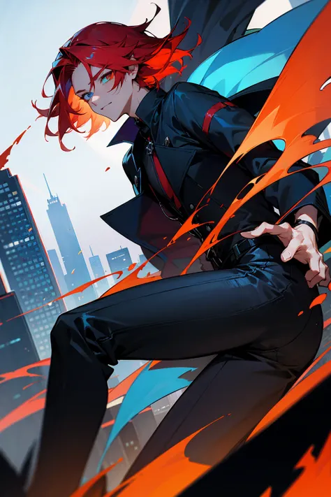 1male, blue and red hair, fiery background, icey background, split, heterochromia, black scelera, fully clothed, raggy clothing, dark city, city background, background, detailed background