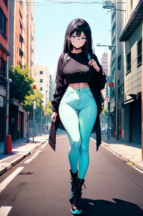 highly detailed, anime-style masterpiece, a young woman with striking features stands tall in a full-body shot. Her fair complexion contrasts with long, straight black hair that falls smoothly down her back, adorned with subtle turquoise tips. Bright neon ...