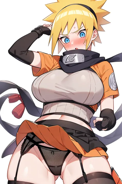 naruto uzumaki, E size Breasts, garter belt, female ninja outfit, showing of panty under skirt, blush, blank white background, mesh, lace