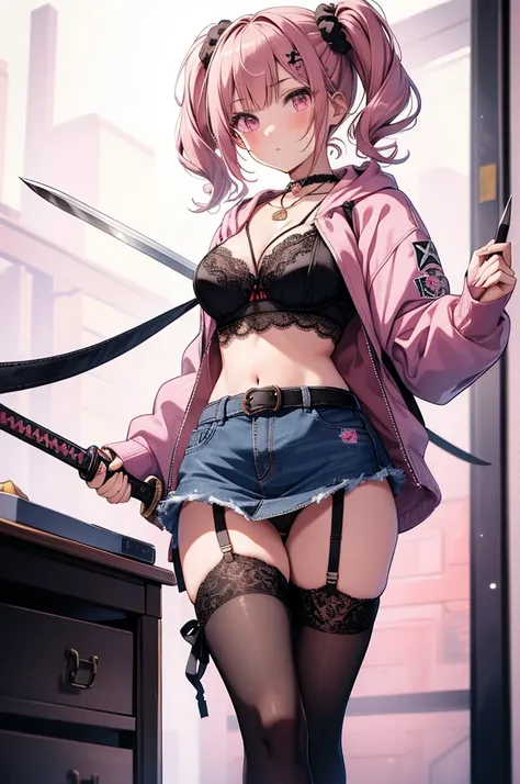 masterpiece, highest quality, pretty girl, 16 , Scrunchie hair ornament, Twin tails,denim pencil mini skirt,hoodie, Patterned stockings, Leg belt, necklace, skinny , Pink and black bra,((showing off lace panties)),sword,knife,Japan holding a sword,Assassin...