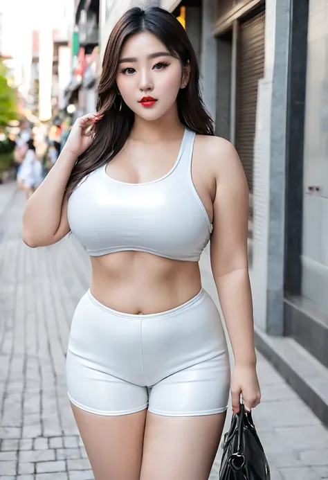 Mujer japonesa de piel blanca de busto grandes cuerpo completo perfecto con ropa casual negra y calzado deportivo blancos