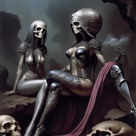 Uma mulher usando leggings e uma armadura medieval de renda, sitting with her legs spread on a giant skull and human skeleton in a pink cave filled with smoke. seu rosto se torcia com um sorriso maligno, seus olhos brilhando de maldade. In a mesmerizing an...