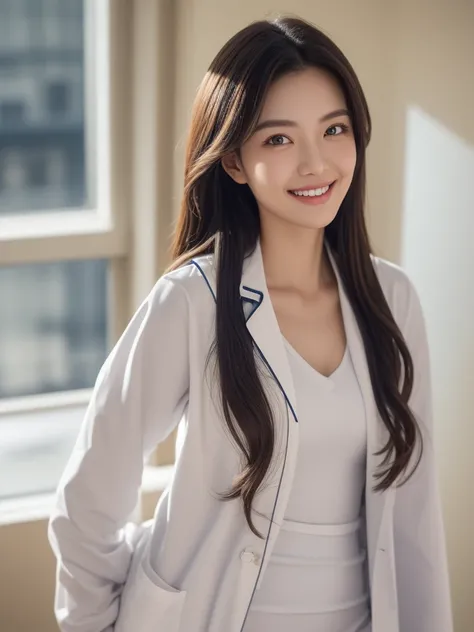 modern hospital room, 1girl, beautiful slim Korean woman, wearing (open white lab coat:1.47), navy blue shirtdress, solid circle eyes, ccurate, sparkling eyes, (((fingersmile))), (medium shot), high detail, photo-realistic:1.37, 8k, super detail, best qual...