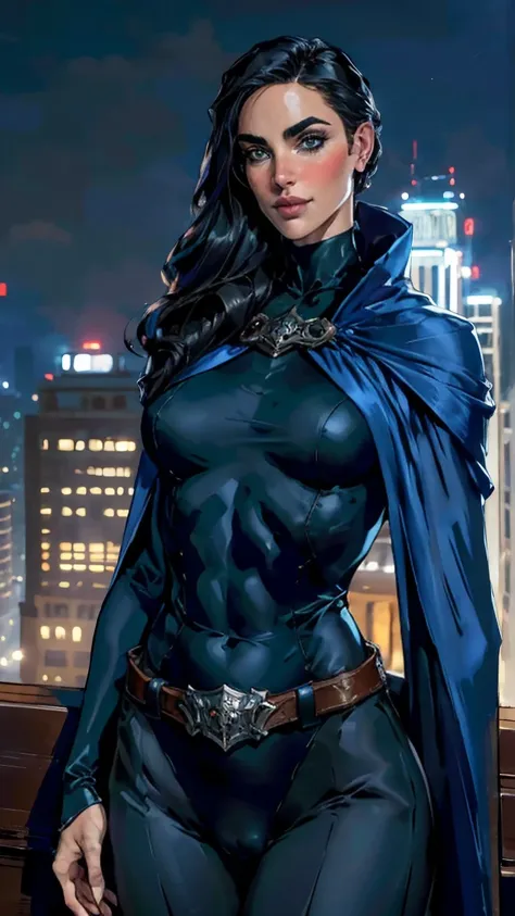 masterpiece, jennifer connelly, cowboy shot, raventt, wearing a sexy raventt navy-blue cloak, black leotard, brooch, belt, using...