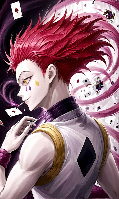 hisoka/(hunterxhunter/), face painting, playing cards around hisoka, (flying playing cards:1.1), swirling playing cards, (from s...