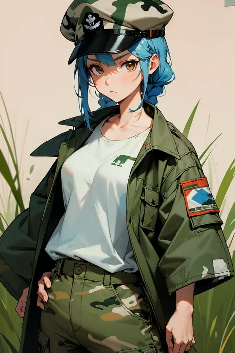 1female, baby blue hair, braided hair, brown eyes, serious expression, camouflage military jacket, white tanktop, camouflage pants, military cap, grassy background, detailed background