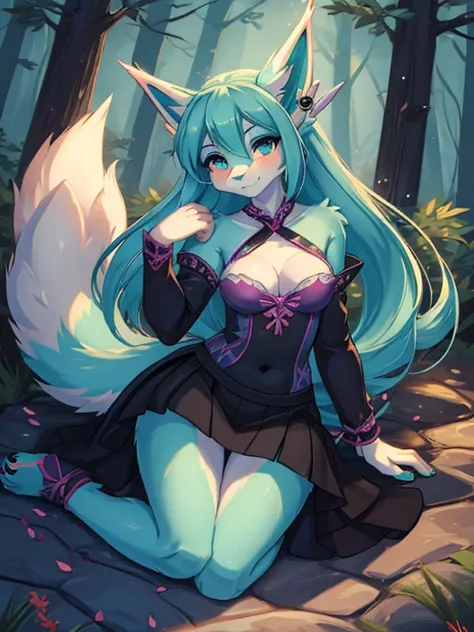 Chica anime, anime style, cute hatsune miku x suicune, shy girl , Orejas de Kitsune, arte de dark natasha, autum forest landscape, arte de vixen aztra, cuerpo completo, patas hermosas, cintura delgada, caderas amplias, piernas torneadas, hermosa, foto de c...