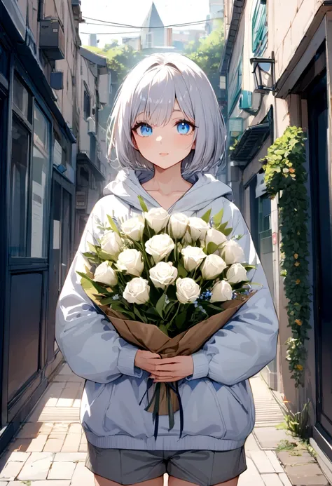 girl,Silver Hair,blue eyes,Bob,birthday,whole body,White hoodie,Grey shorts,bouquet