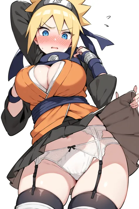 naruto uzumaki, E cup size Breast, garter belt, female ninja outfit, showing of panty under skirt, blush, blank white background