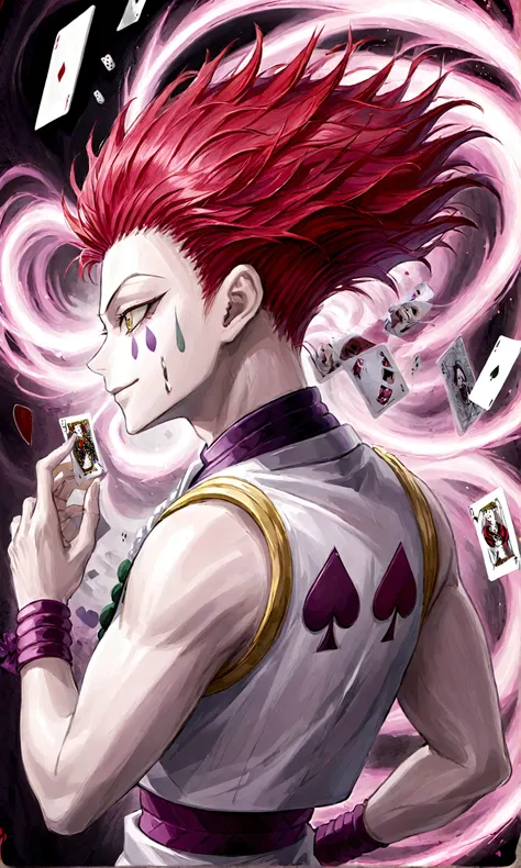 hisoka/(hunterxhunter/), face painting, playing cards around hisoka, (flying playing cards:1.1), swirling playing cards, (from s...