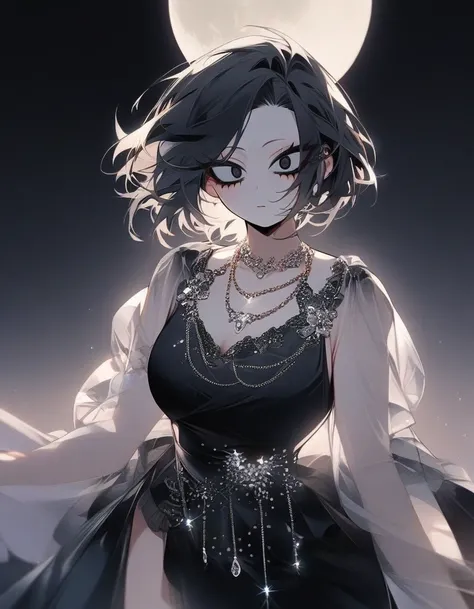 One girl, famale focus,  boku no hero academia, with dark circles   , mysterious ,ingenious , elegant heroin tack , black hair large , so beautiful, necklace moon ,