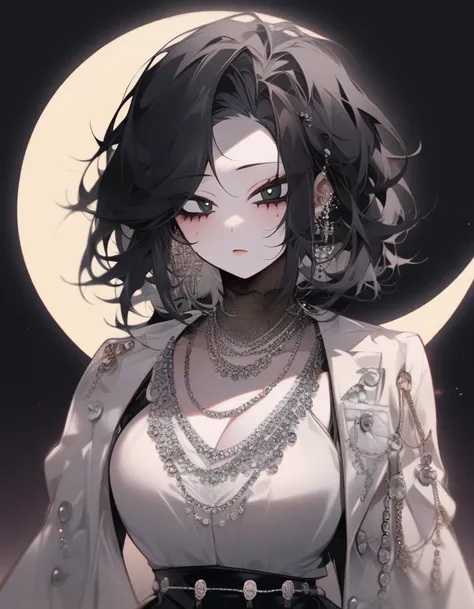 One girl, famale focus,  boku no hero academia, with dark circles   , mysterious ,ingenious , elegant heroin tack , black hair large , so beautiful, necklace moon ,