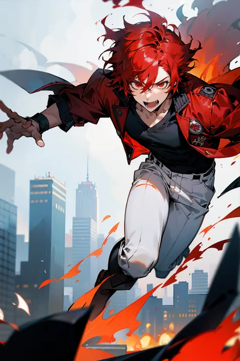 1male, flaming hair, red hair, red eyes, excited expression, wolf cut hair, black undershirt, red jacket, white pants, city back...