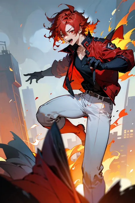 1male, flaming hair, red hair, red eyes, excited expression, wolf cut hair, black undershirt, red jacket, white pants, city back...