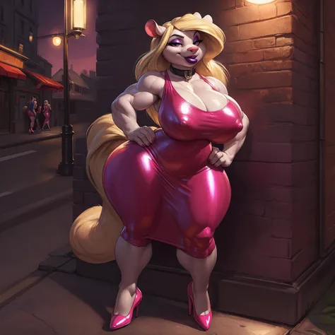 solo, 1girl, minerva mink, (huge breasts:1.2), (hyper hips), (big bottom lip:1.3), (deep purple lip gloss:1.3), pink leather collar, bimbo, blonde hair, (tail:1.2), prostitute, pink eyeshadow, curvy, voluptuous, hourglass figure, (pink dress:1.3), (pink la...