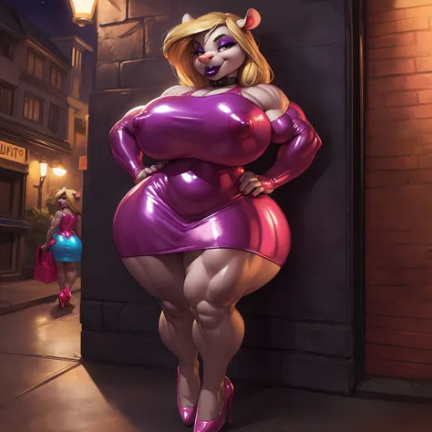 solo, 1girl, minerva mink, (huge breasts:1.2), (hyper hips), (big bottom lip:1.3), (deep purple lip gloss:1.3), pink leather collar, bimbo, blonde hair, (tail:1.2), prostitute, pink eyeshadow, curvy, voluptuous, hourglass figure, (pink dress:1.3), (pink la...