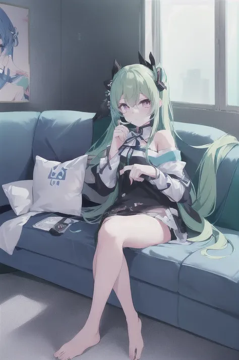 Light blue long hair sitting on sofa、Twin-tailed Girl, Anime Girls、Band-aid on foot、From Girls Frontline, Soda themed girl, Best Anime 4K Konachan Wallpaper, artstation pixivでトレンド, 魅惑的なAnime Girls, 