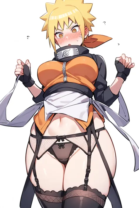 naruto uzumaki, E sized Breasts, garter belt, female ninja outfit, showing of panty under skirt, blush, blank white background,