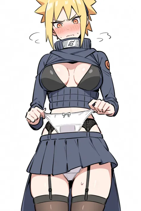 naruto uzumaki, E sized Breasts, garter belt, female ninja outfit, showing of panty under skirt, blush, blank white background,