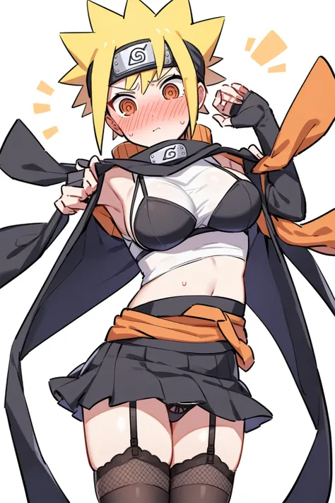 naruto uzumaki, E sized Breasts, garter belt, female ninja outfit, showing of panty under skirt, blush, blank white background,