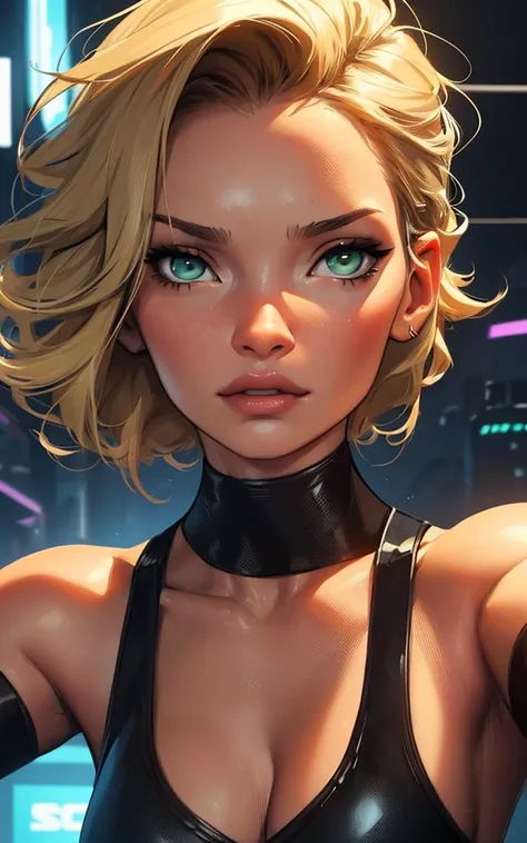 Wide shoulders, lean body, green eyes, Perfect face, Close-up, cyberpunk girl, Face based on kate moss, Portrait, black, short curly hair  with a bum, German girl, concealed hands, seductive, blonde hair, european, Female, athletic girl, perfect face.