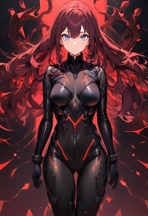 best quality, 1girl, long hair, dark red hair, blue eyes, black tactical spandex suit