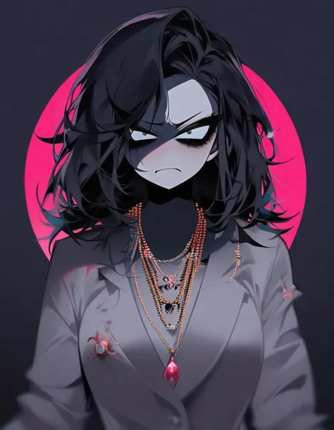 One girl, famale focus,  boku no hero academia, with dark circles   , mysterious ,ingenious , elegant heroin tack , black hair large , so beautiful, necklace moon ,angry