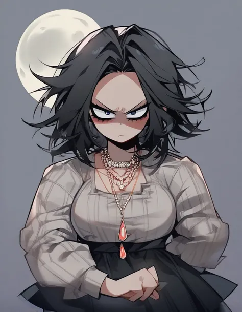 One girl, famale focus,  boku no hero academia, with dark circles   , mysterious ,ingenious , elegant heroin tack , black hair large , so beautiful, necklace moon ,angry