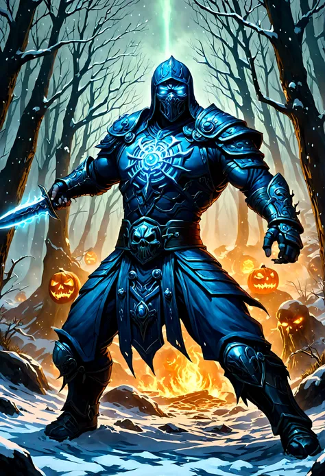 Horror-themed, Sub-Zero Mortal Kombat style, fictional universe consisting of numerous realms, Sub-Zero,Kuai Liang,Tundra,blue outfit,LK-520,a man in a blue outfit holding a knife,solo,blue eyes,1boy,weapon,male focus,outdoors,armor,tree,mask,glowing,helme...