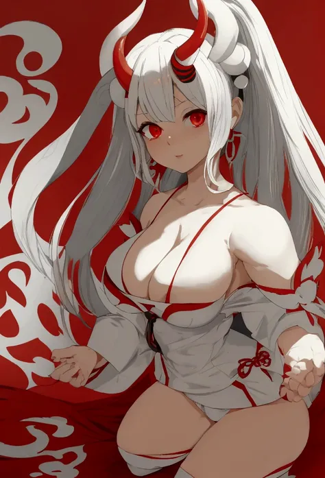 oni girl, huge breasts, white hair, red eyes, kimono, white stockings, pokkuri sandals, oni horns