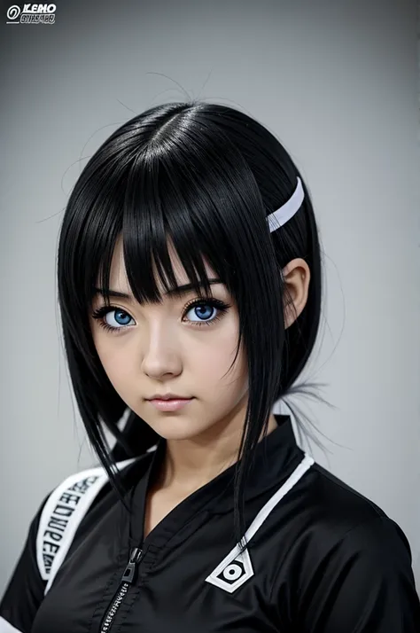 ((estilo anime)) girl Hinata Hyuga Genin, pupilas y ojos blancos, cabello corto y negro, rostro tierno y ruborizado, uniforme ninja de konoha