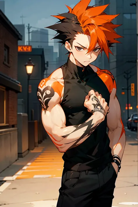 1male, half color hair, orange hair, black hair, black eyes, spiked hair, nonchalant expression, black tanktop, arm tattoos, lean, black pants, city background, standing on path, hands to side, detailed background