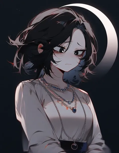 One girl, famale focus,  boku no hero academia, with dark circles   , mysterious ,ingenious , elegant heroin tack , black hair large , so beautiful, necklace moon ,sad 