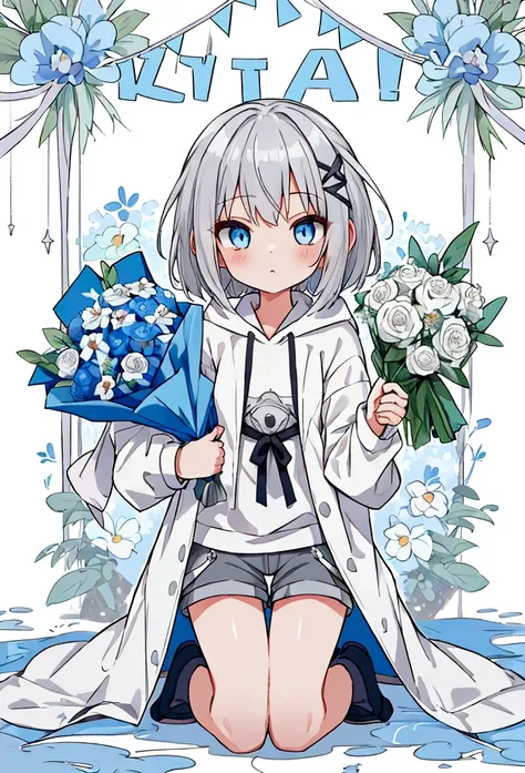 girl,Silver Hair,blue eyes,Bob,birthday,whole body,White hoodie,Grey shorts,bouquet