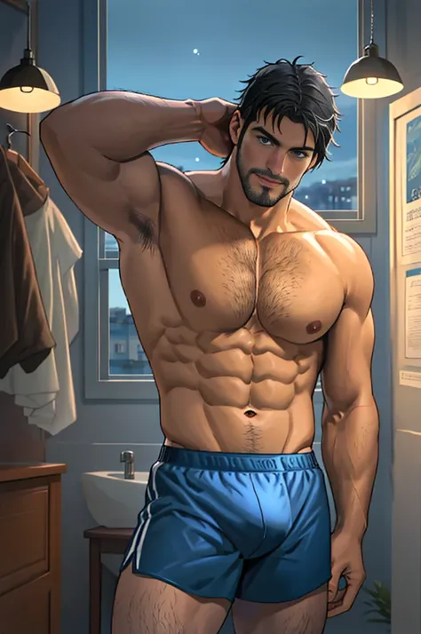 Solo male, mid thirties, tall, athletic build, athletic body, handsome, gentleman, Turkish man, bare chested, well fted boxer shorts, ultra detail, 2k, realistic anime style photo, rugged face, handsome face, stubble, black hair, short hair, blue eyes, rea...