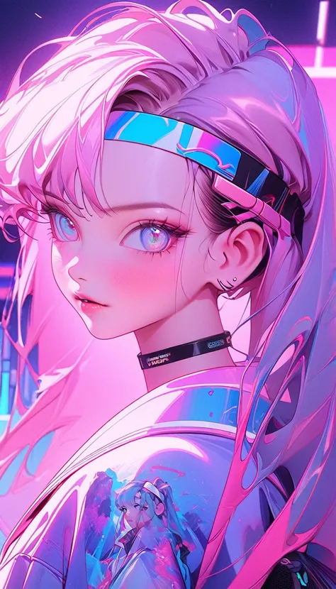 a close up of a person with a headband on, digital art inspired by Yanjun Cheng, tumblr, digital art, vibrant fan art, lofi portrait, artwork in the style of guweiz, neo vaporwave, colorful digital painting, cyber aesthetic, portrait of kpop idol, yanjun c...