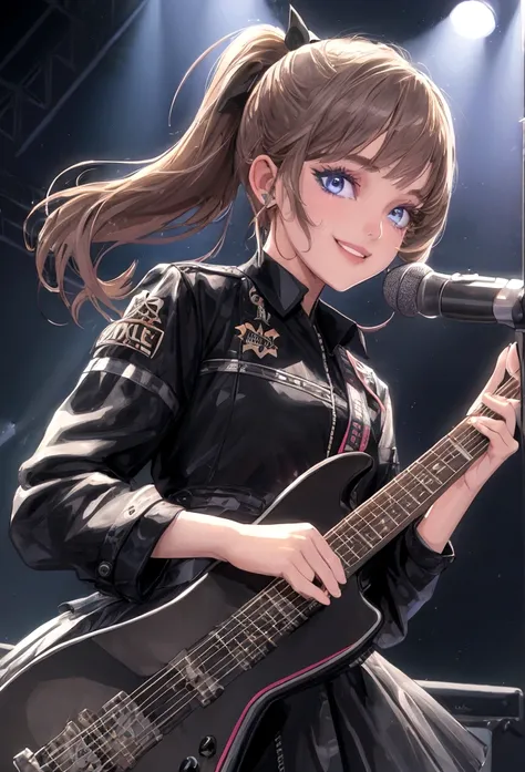 Professionally digitally painted detailed reflective eyes, Realistic,Front lighting, 8K resolution, (Girl Band:1.4), (Dynamic Angle), Upper Body, Black Guitar, amplifier, speaker, Live Stage, smile, Live Festivals, School, Shining Lights