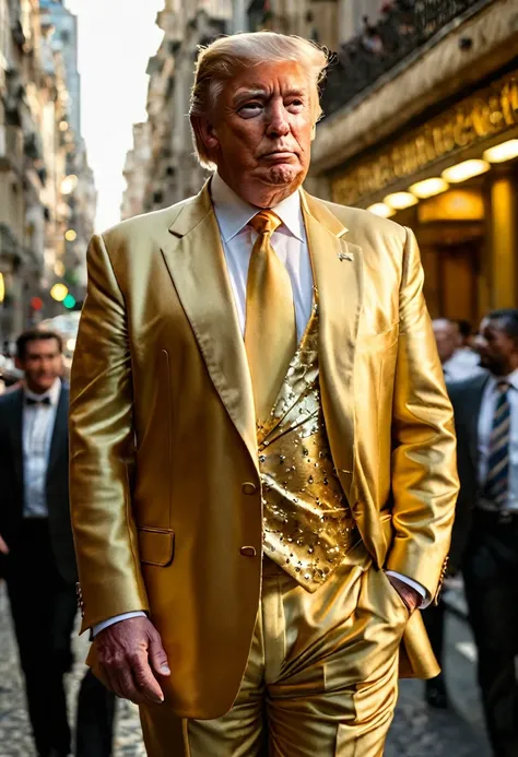 dynamic masterpiece epic cinematic scene,melhor qualidade,hiper detalhado,ultra detalhado,
Trump was wearing a gold suit and had one hand in his pocket.,pele verdadeira,terno dourado ral-bling,fundo da bandeira dos EUA,tiro na cintura,Bokeh,Rambrandt Light...