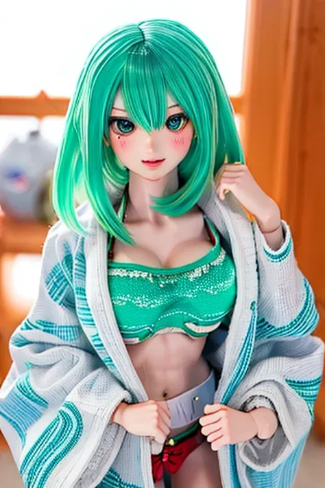 an elderly but attractive japanese woman with green hair in the middle of winter wearing an attractive bikini