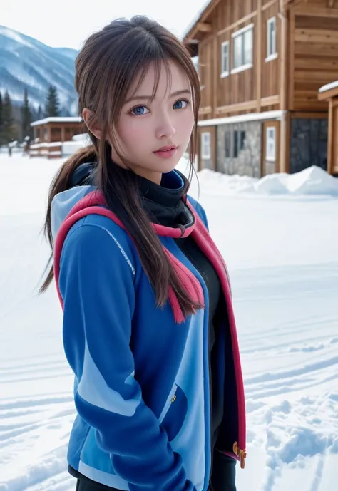 8K, of the highest quality, masutepiece:1.2), (Realistic, Photorealsitic:1.37), of the highest quality, masterpiece, Beautiful young woman, Pensive expression, charming,and an inviting look, skiing、snowboarder、Ski Wear, Hair tied back, Cinematic background...