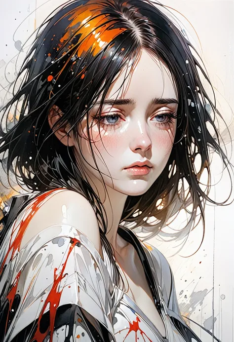 1 rei sentado no trono,(cabelos espalhados cobriam o rosto:1.2),a light shines from above,armadura preta coberta de sangue,pintora de Agnes Cecile, e atmosfera triste,