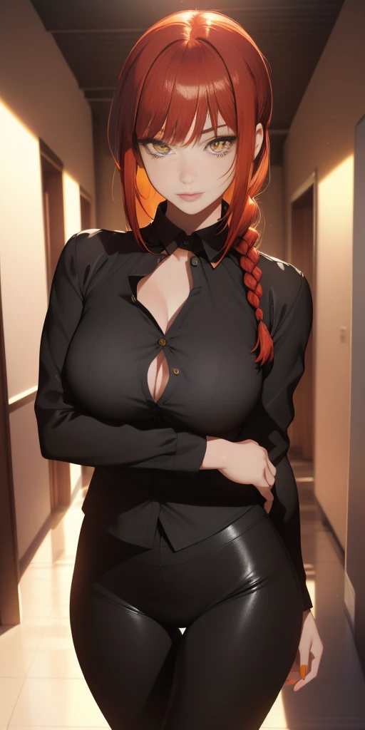 Medium and round breasts, she is a beautiful woman ((Makima)), (red hair, loose braid, with bangs and shine), double eyelids, yellow eyes, and detailed, hyper detailed, light effect on the eyes, detailed irises , sensual body, ((black suit, blouse, black p...